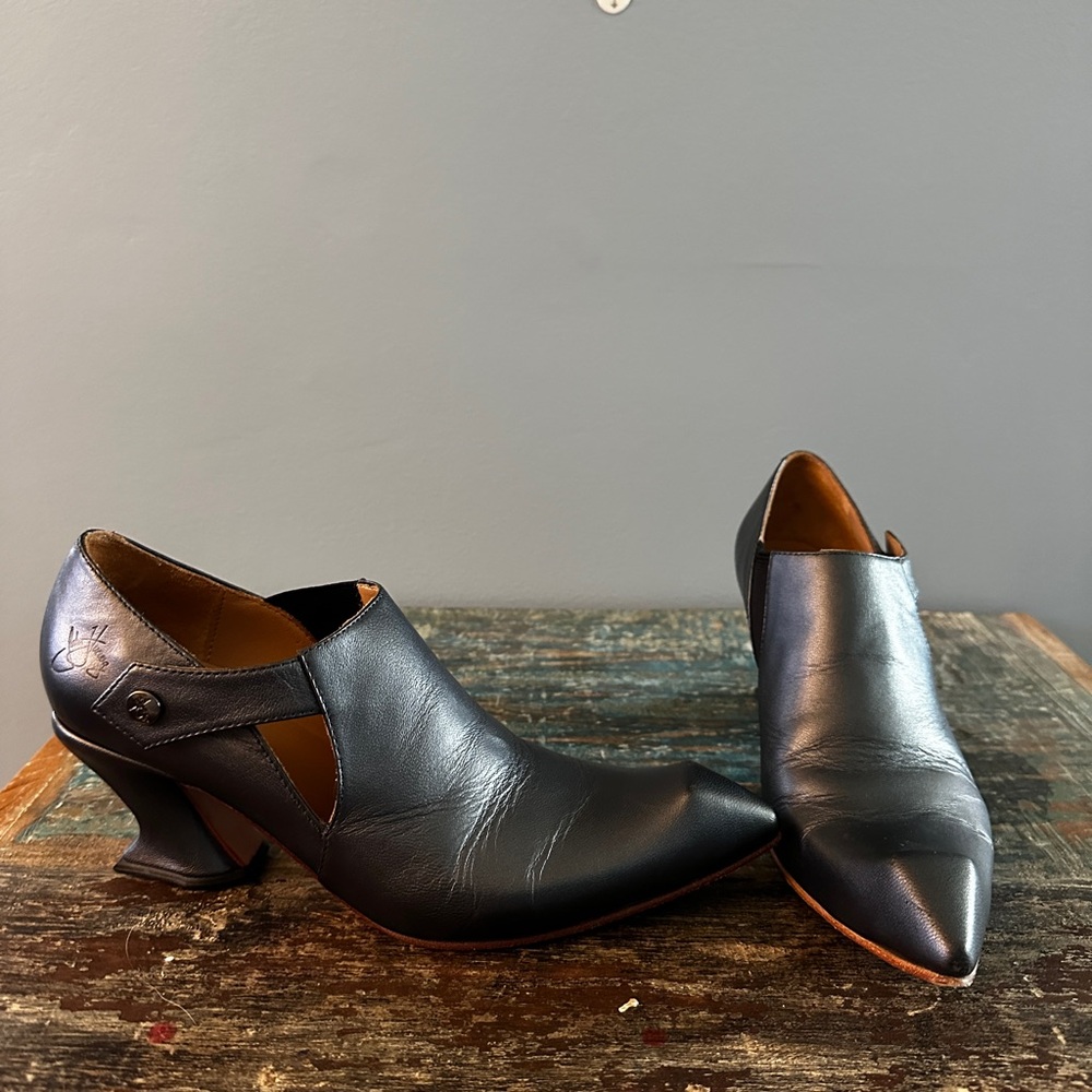 Fluevog Metallic  Black Leather Women's Booties